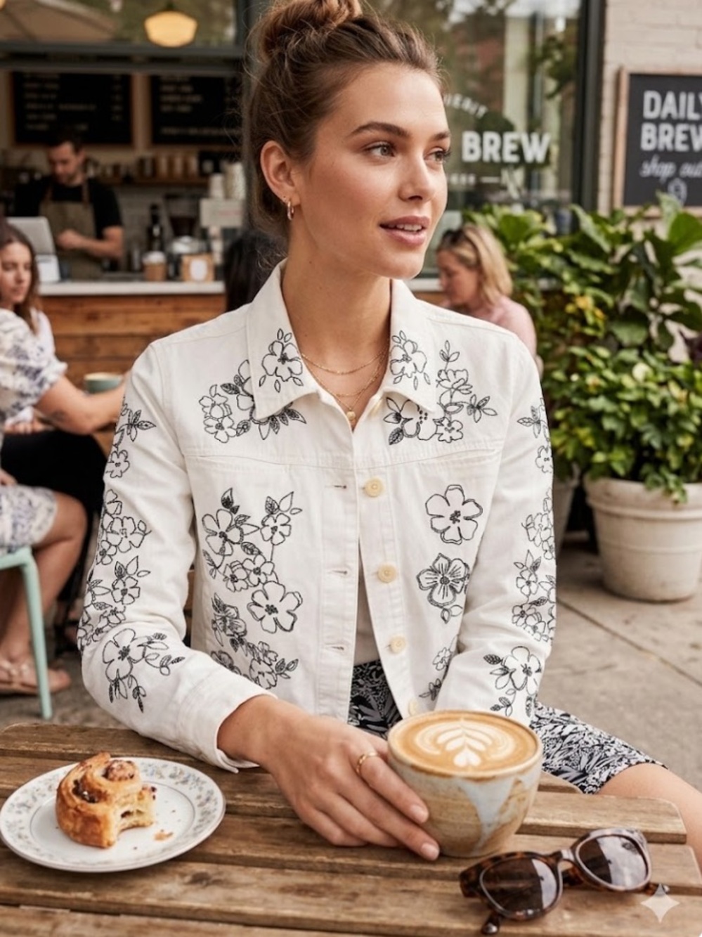 Jones New York Sport white cotton denim jacket featuring black floral embroidery